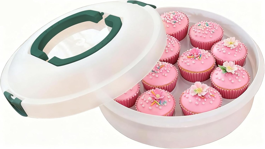 FEOOWV Green Pie Carrier with Lid & Handle - 12 x 4 in, White Round Plastic - Reusable Plastic Pie Container with Lid for Transport - Cake Carrier & Round Cake Holder