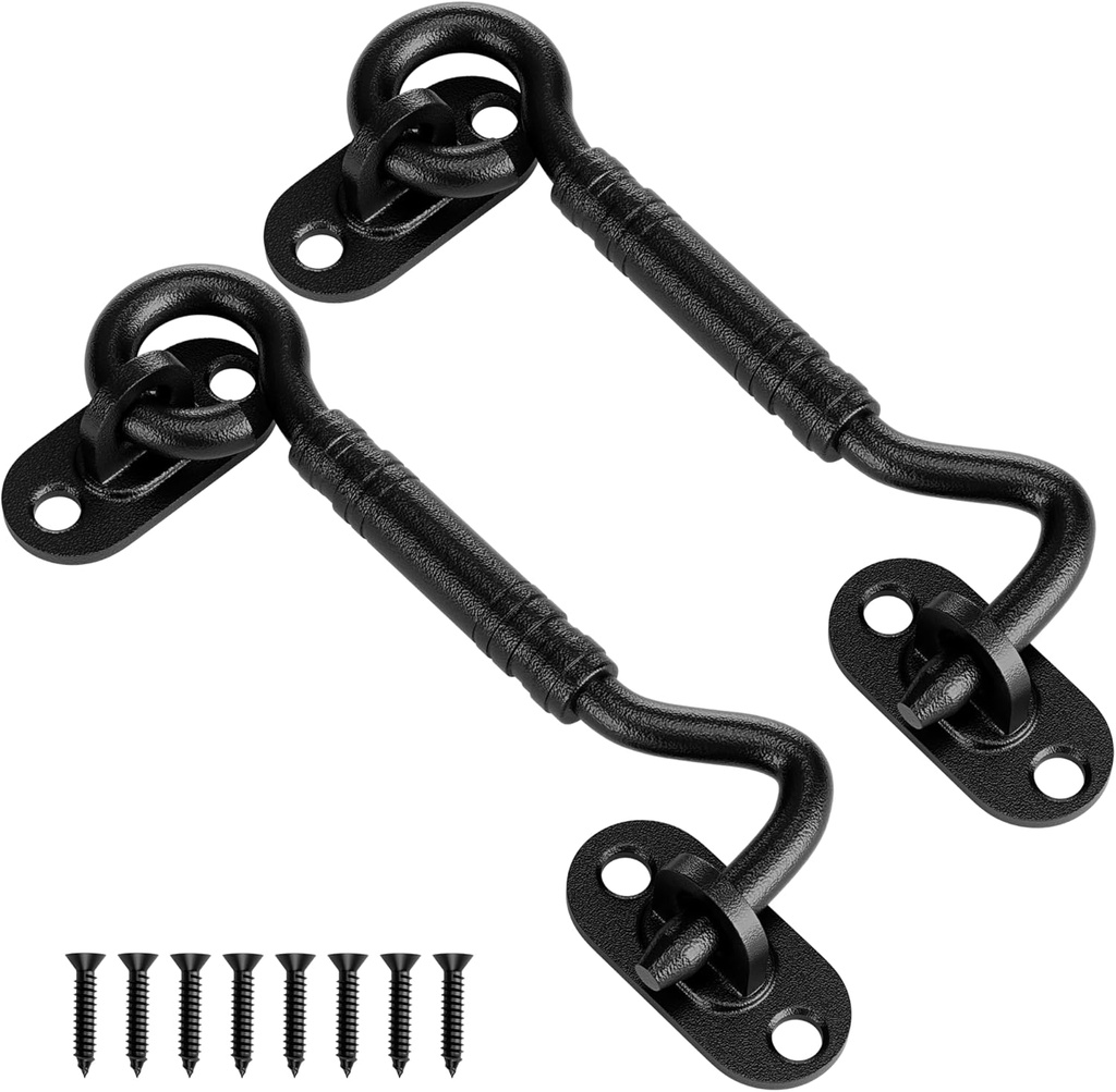 2 Pack 4'' Door Latch Door Lock Hardware, 4'' Stainless steels Hook and Eye Gate Latch Easy Lock for Barn Door,Black Sliding Door Lock with Screws for Window, Cabin Hooks