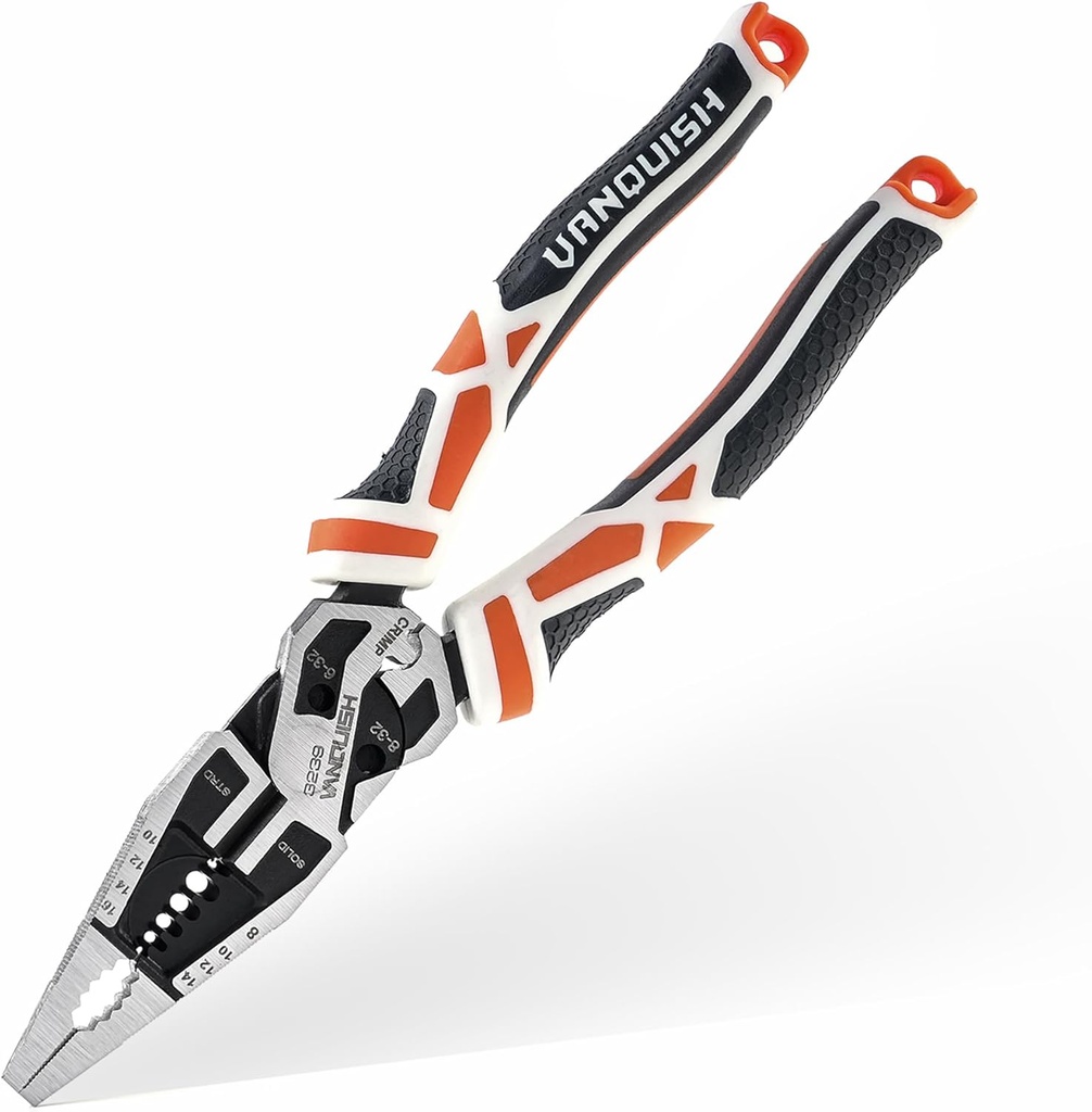 VANQUISH 10-in-1 Long Nose Pliers, 8‘’ Multipurpose Combination Pliers Wire Cutter/Crimper/Stripper, CRV Steel, Heavy Duty Side-Cutting Pliers for Crimping, Stripping, Shearing, Deburring, 3239