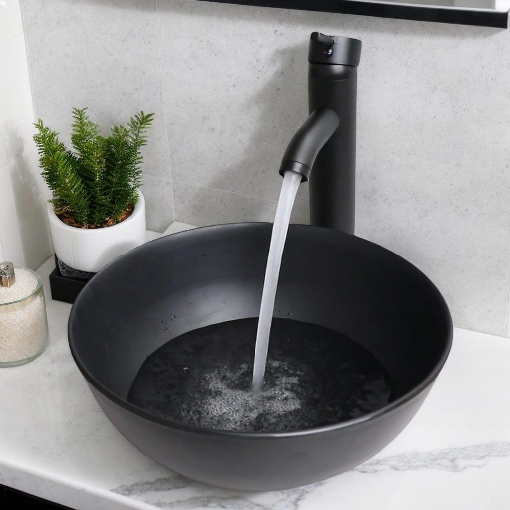 13” Bathroom Sink Stone Resin Vessel Sink with Faucet and Pop-up Drain Combo Round Bathroom Vessel Sink Black Bathroom Sink Above Counter Small Bowl