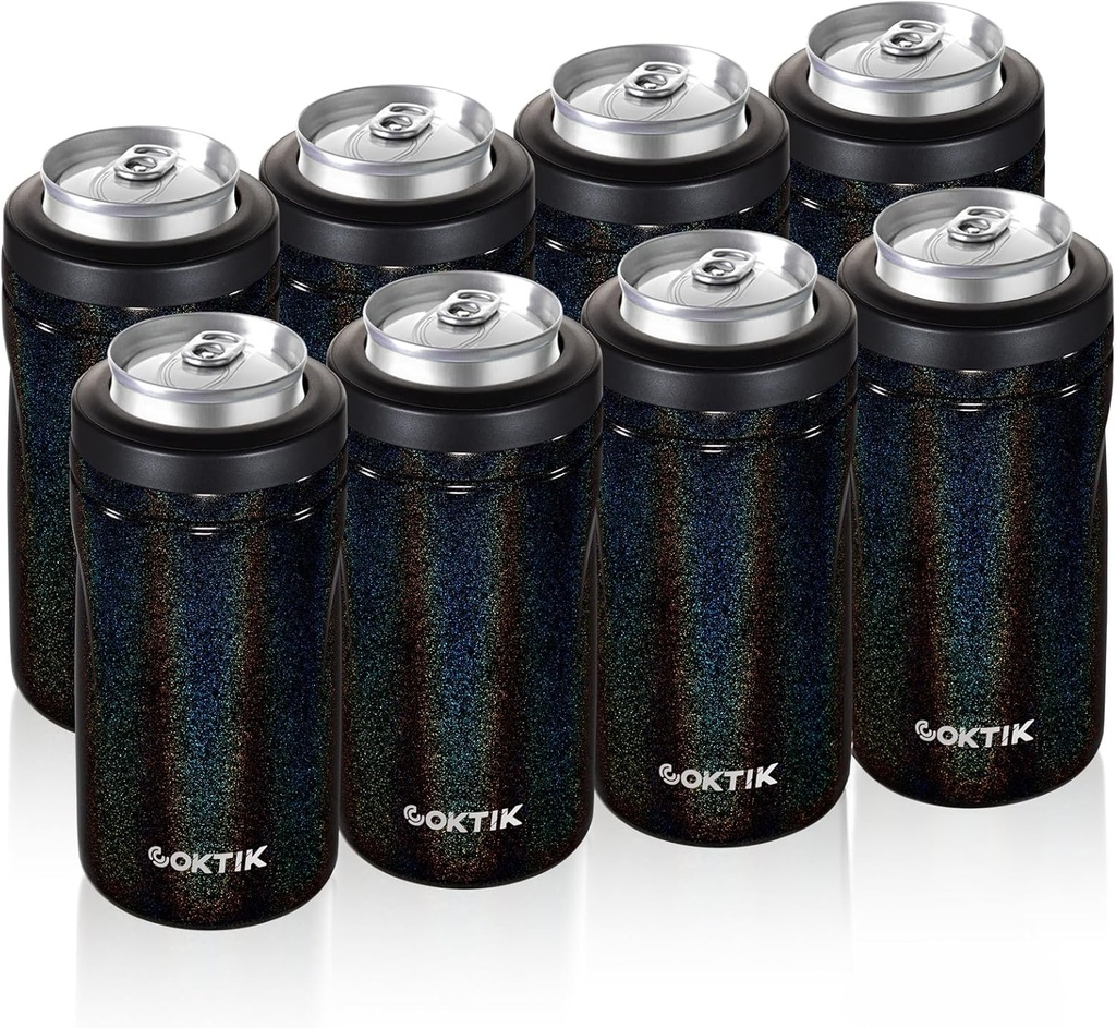 COKTIK 4 in 1 Insulated Can Cooler, 8 Pack Double Wall Slim Can Cooler Set for 12 oz Regular or Slim Cans & Beer Bottle (Black Shimmer)