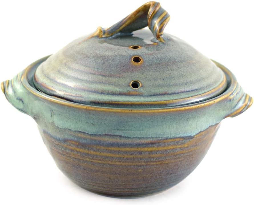 American Made Stoneware Pottery Microwave Vegetable Steamer, Sea Oats Glaze