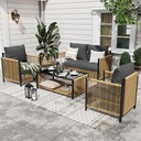 Patio Furniture Set 4 Pieces, Outdoor Furniture 4-Seat Sofa with 2-Layer Coffee Table, Waterproof Thick Cushion Deep Seating,Patio Conversation Sets for Balcony, Garden, Backyard & Porch