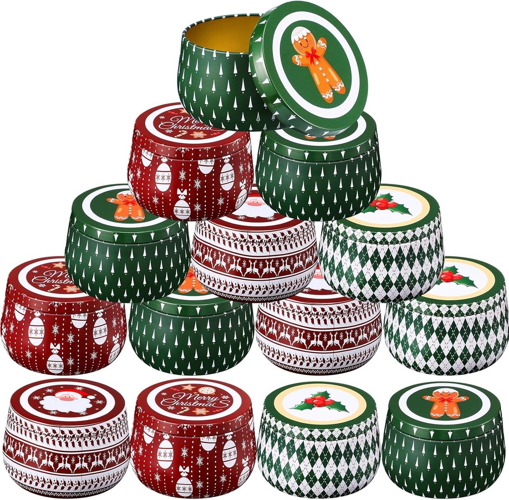 Yungyan Christmas Candle Tin Cans Set Metal Candles Tin Gifts Jars with Lids 8 oz Christmas Cookie Tins Candle Containers for Storing Biscuits Tea Party Favors(24 Pcs)