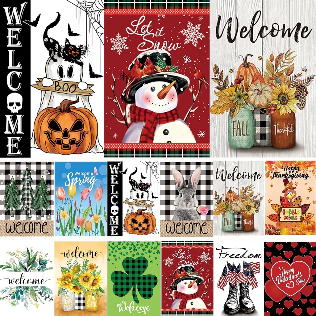 Seasonal Garden Flags Set of 12 Double Sided 12 x 18 Inch Yard Flags, Small Garden Flags for Outside, Fall Winter Halloween Christmas Outdoor Flags, Holiday Flags for All Seasons