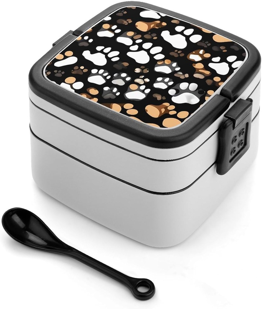 Dog Paw Print Bento Box Double-Layer Bento Lunch Container with Spoon And Invisible Handle Adult Leak-Proof Lunchbox for Dining Out Work Picnics Travel