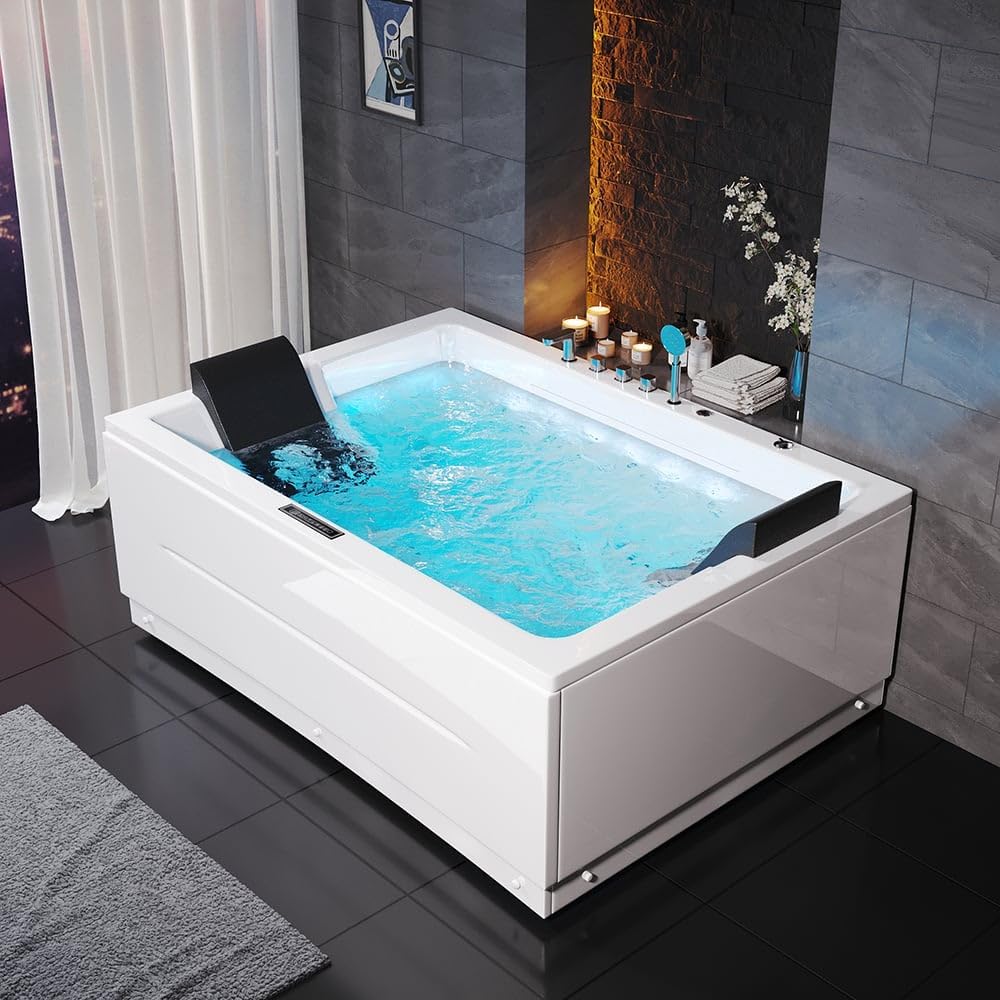 KunMai 71" Freestanding Double Massage Bathtub for Two, 118-Gallon Acrylic Soaking Tub with 38 Air & Water Jets, LED Chromatherapy Light and Faucet for Master Bathroom Spa