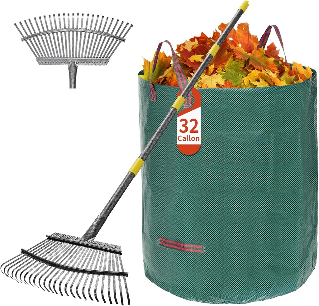 Garden Leaf Rake Set with 25 Tines, Heavy Duty Metal Rake for Leave (Adjustable 73" Long, 18" Wide) with 32 Gallon Reusable Leaf Bag, Ideal for Yard Lawn Shrub Gardening