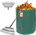 Garden Leaf Rake Set with 25 Tines, Heavy Duty Metal Rake for Leave (Adjustable 73" Long, 18" Wide) with 32 Gallon Reusable Leaf Bag, Ideal for Yard Lawn Shrub Gardening