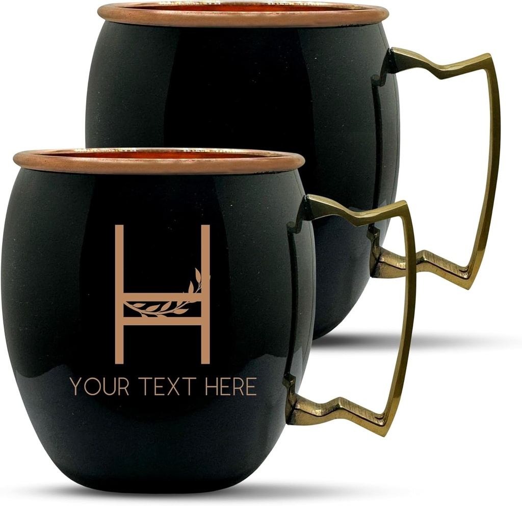 Custom Copper Moscow Mule with Smooth Painted Finish - Engraved Bar Style 100% Copper Cup with Personalized Hollow Vines Letter Monogram Themed Engraving, Brass Handle | 18 oz, Black | Set of 2