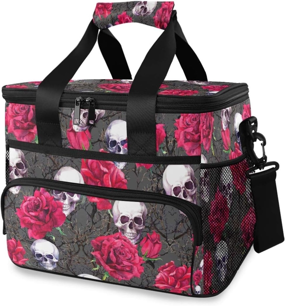 MNSRUU Insulated Cooler Bag With Skulls and Rose Flowers - Grey Lunch Tote for Picnics and Beach - Leakproof Lunch Box Container