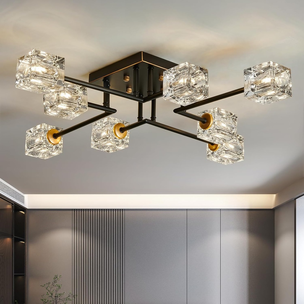 Modern 8-Light Semi Flush Mount Ceiling Light Fixture Black and Gold Chandelier Farmhouse Ceiling Lamp for Dining Room Bedroom Bathroom Entryway Hallway Stairway