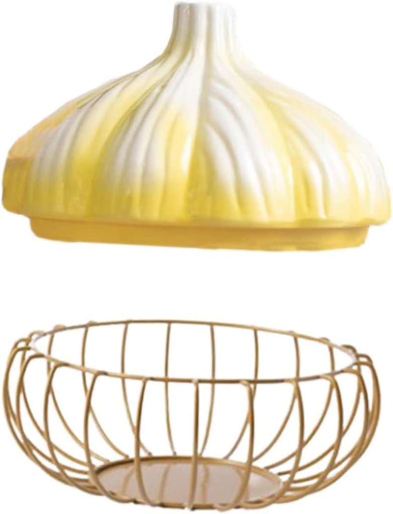 Zerodeko Household Garlic Keeper Multi-function Iron Art Storage Basket for Kitchen Convenient Clove Holder for Eggs and Items Yellow Design with Gold Stripes