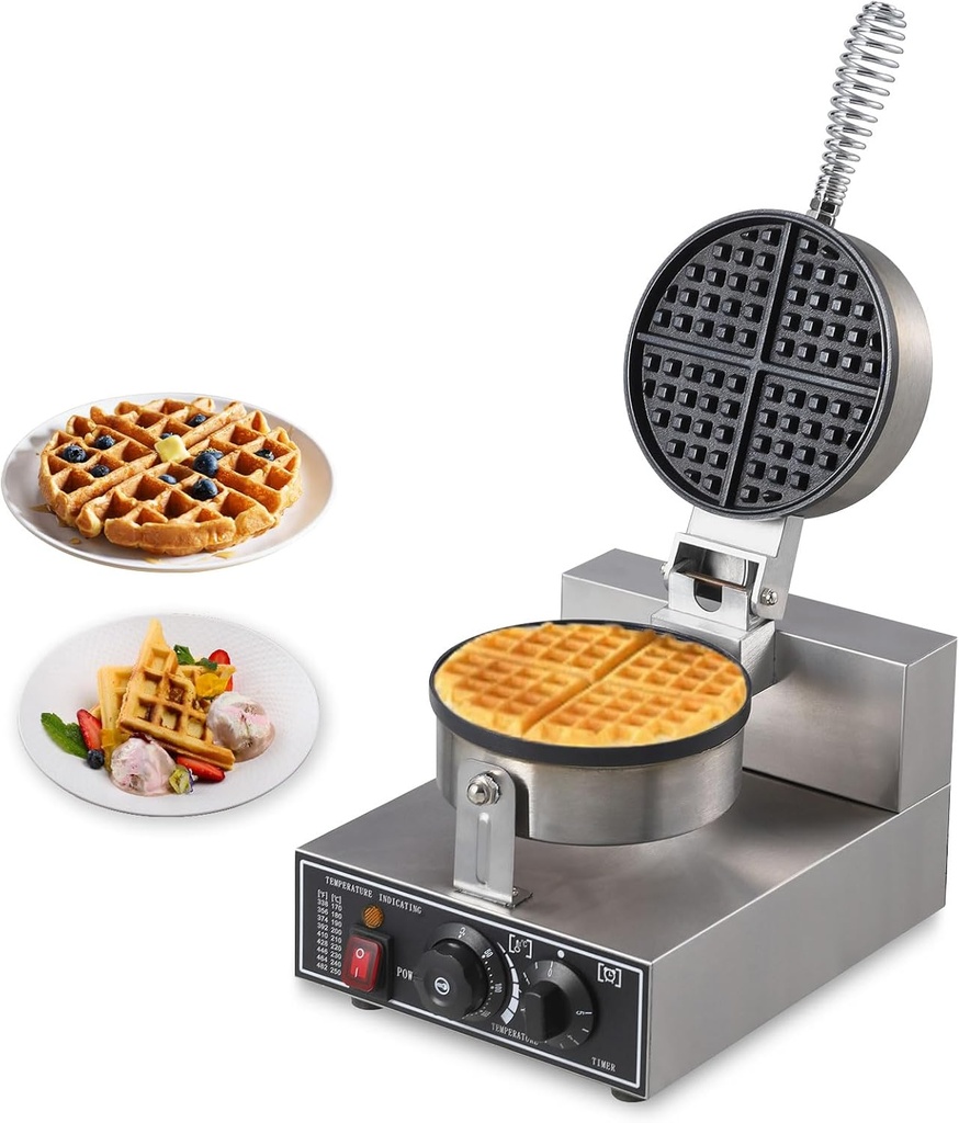Garvee 1300W Commercial Waffle Maker, Non-Stick Round Waffle Iron, Rotatable Waffle Baker Machine, 50°C-300°C Temp Range, Stainless Steel Round Commercial Waffle Maker for Restaurant, Home, 110V