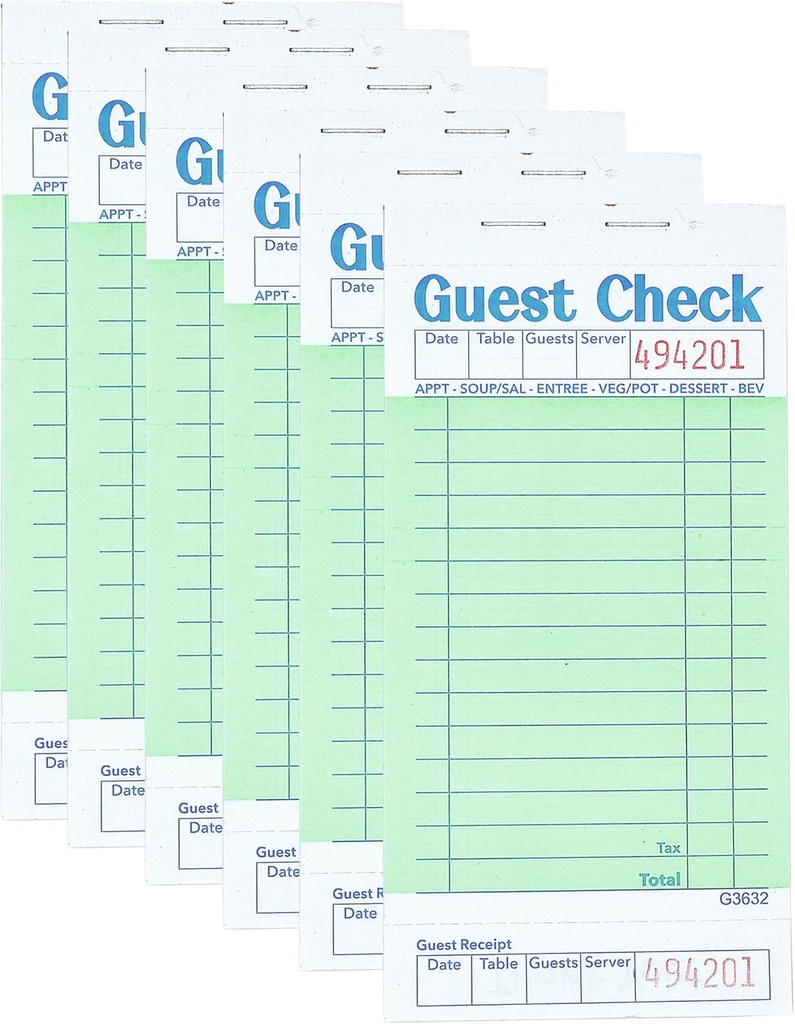 Budgenix Guest Checks Server Note Pads 6 Pack 300 Orders, Green Guest Check Pads with Bottom Receipt, Waitress Notepad for Restaurant Business