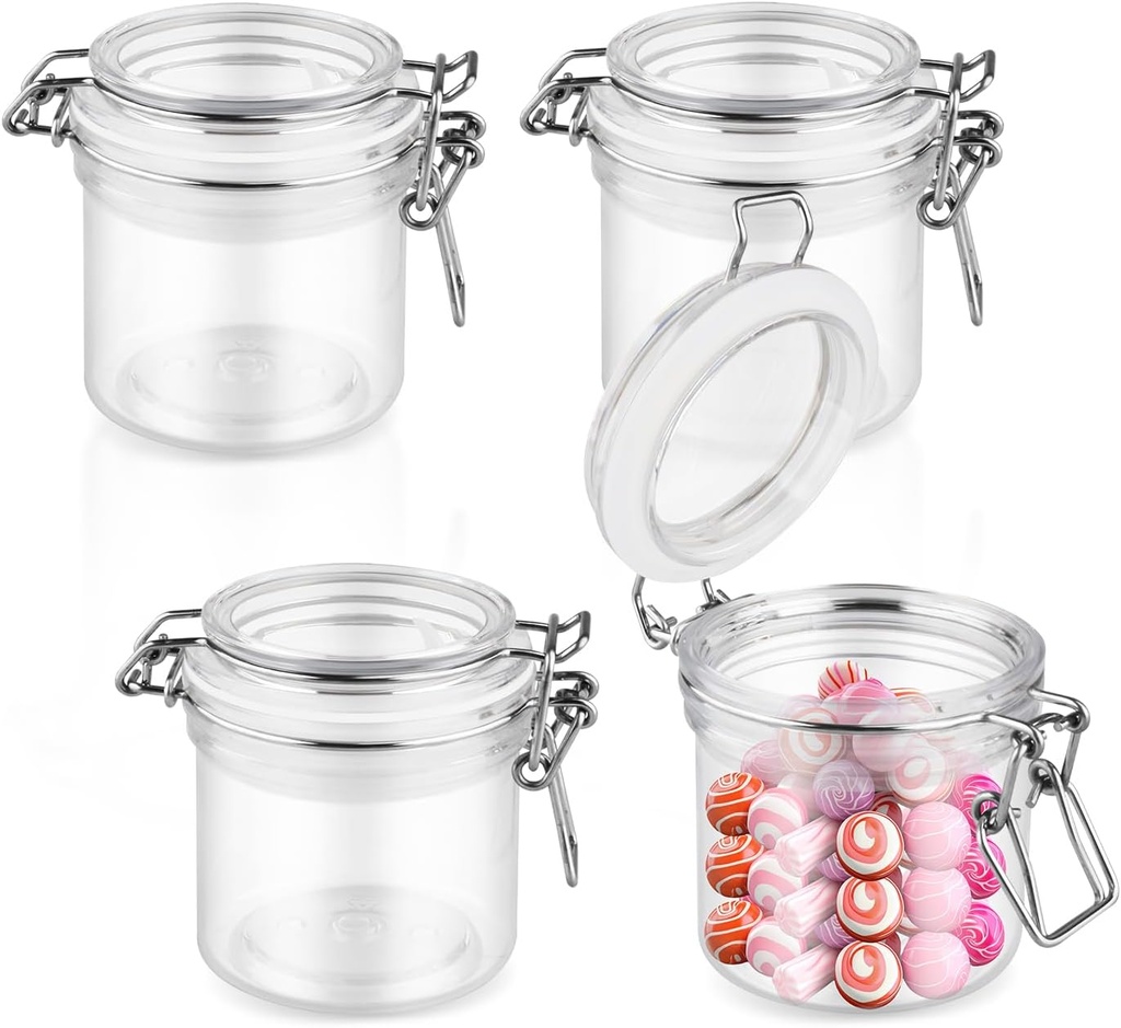 4 Pcs Plastic Storage Jars Clear Round Storage Sealed Bottles with Leak Proof Rubber Lid for Food Candy Gift Sugar Coffee Nuts - 200ml/6.8oz