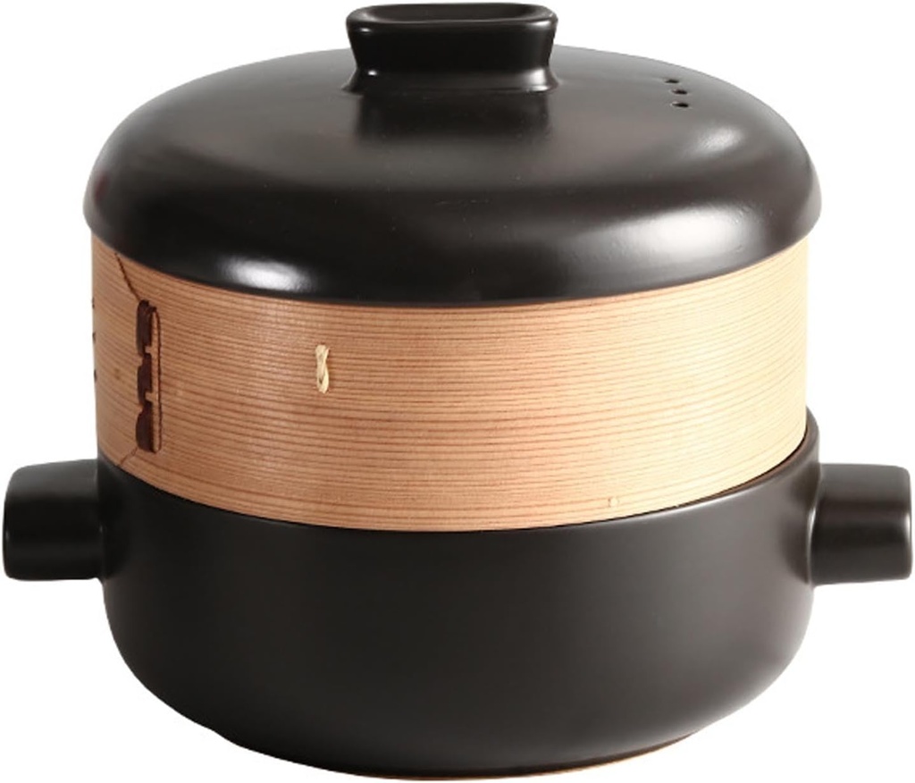 RSBFER Japanese Casserole Dishes, Ceramic Casserole Clay Pot Steam Stew Pot with Steamer Basket, Non-Stick, Heat Resistant,Black,0.5L