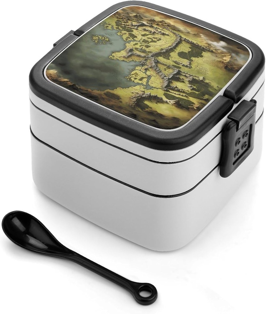 Middle Earth Map Bento Box - Double Layer, Leakproof Food Containers with Partition & Spoon, Stackable Lunch Box for Office, Travel, Camping