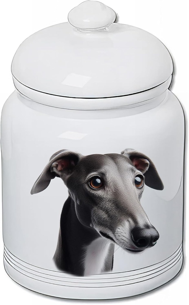 Best of Breed Greyhound Grey Dog and Cat Ceramic Treat Jar 9" Tall Air Tight Seal All White