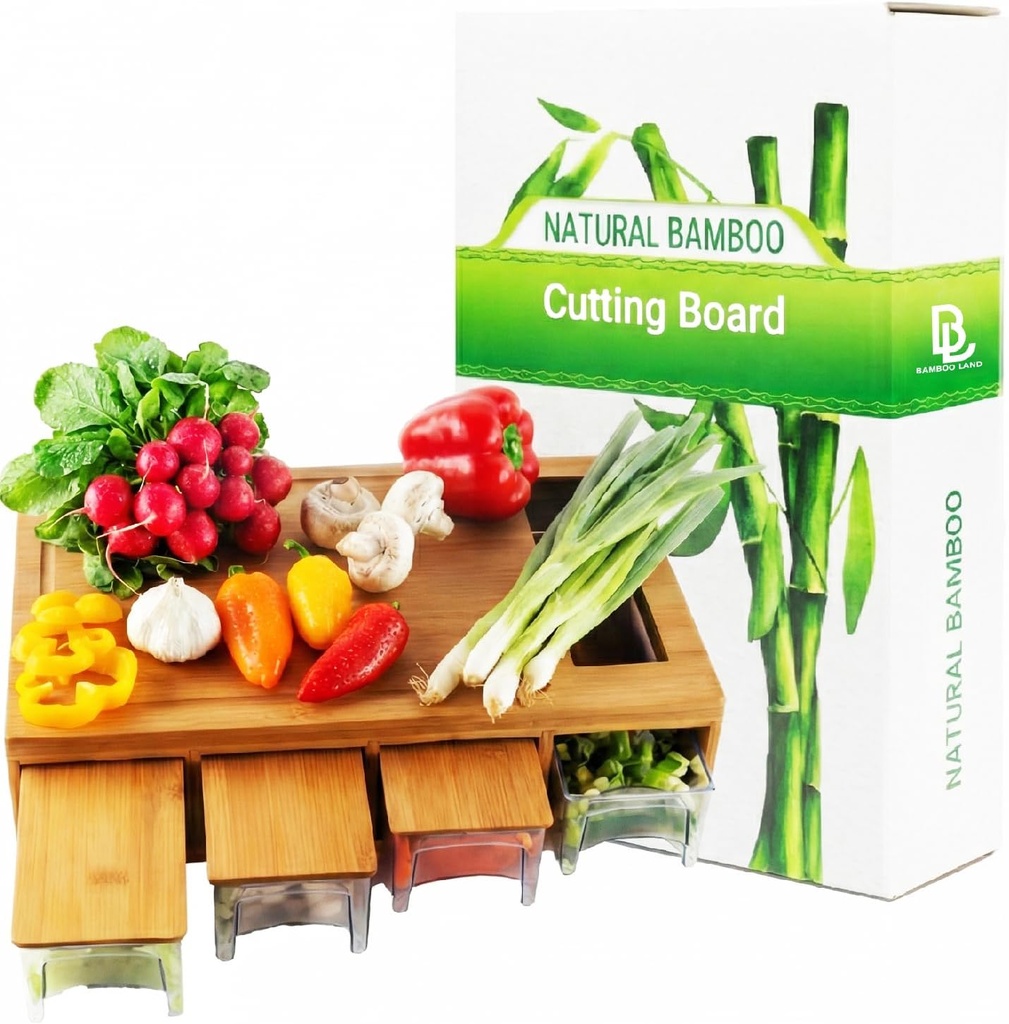Bamboo Land- Large Bamboo Cutting Board with Containers, Food Prep Station, Cutting Board with Storage, Christmas Gifts