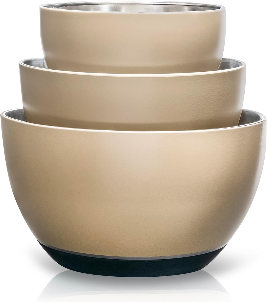 WHYSKO® Stainless Steel Mixing Bowls (Set of 3) with Non-Slip Silicone Base for Kitchen, Dishwasher Safe Bowls for Meal Prep, Cooking, Baking, Serving, Food Storage (Khaki)