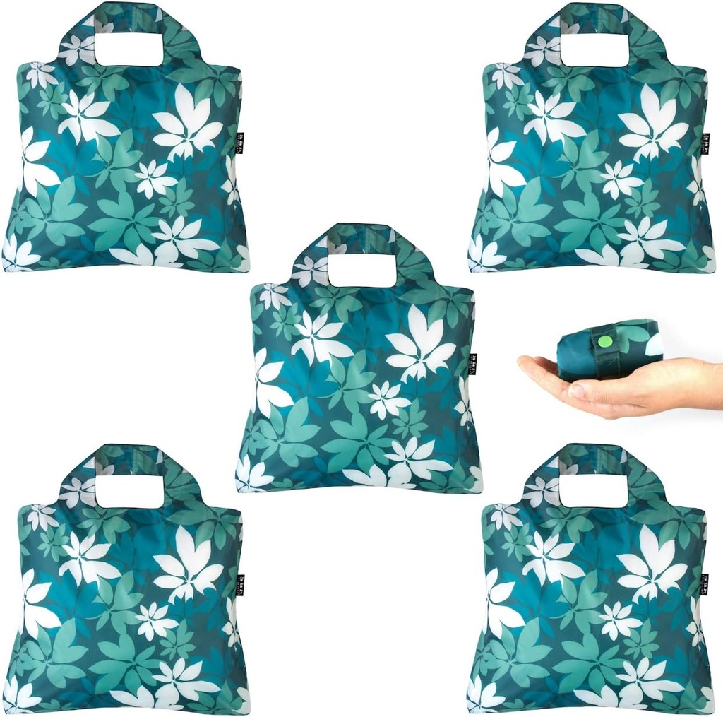 Envirosax Reusable Grocery Bags- Pack of 5 Botanica Foldable Quality Shopping Tote Bag, Eco-Friendly Polyester Washable. Multi Use - Shopping, Travel, Arts, Crafts or Beach