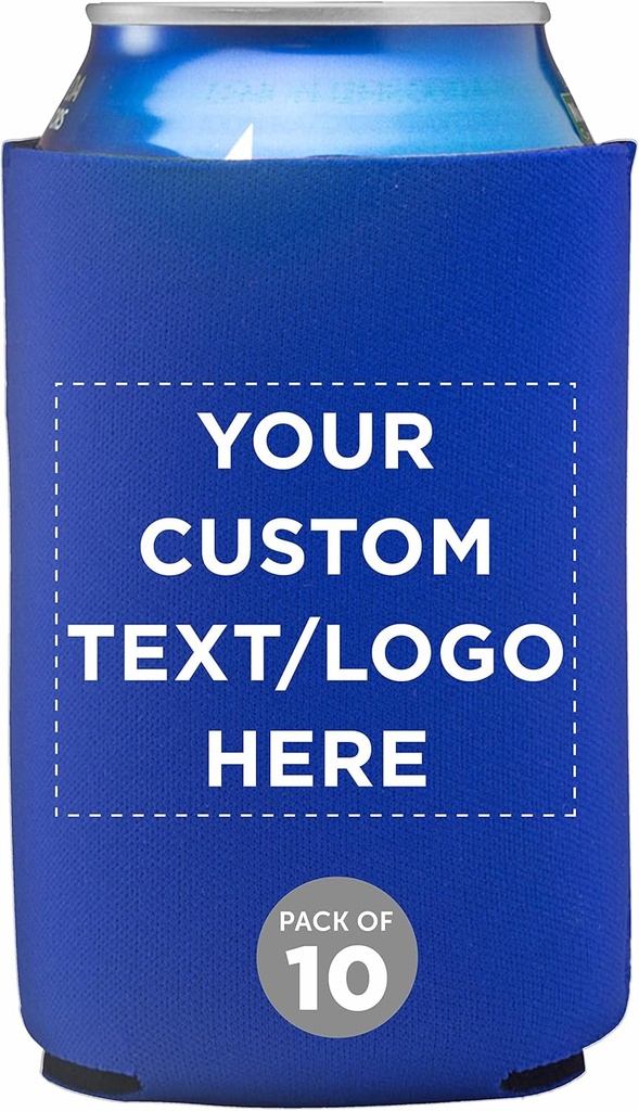 Custom Neoprene Collapsible Can Coolers 12 oz. Set of 10, Personalized Bulk Pack - Great for Beer, Soda, Other Beverages - Royal Blue