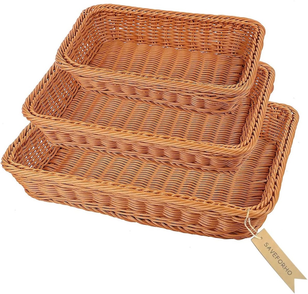 Poly Wicker Woven Bread Basket, Tabletop Food Serving Baskets Trays for Fruits Vegetables and Snacks, Restaurant Hotel Kitchen Serving Display Imitation Rattan Brown (3 Pack)