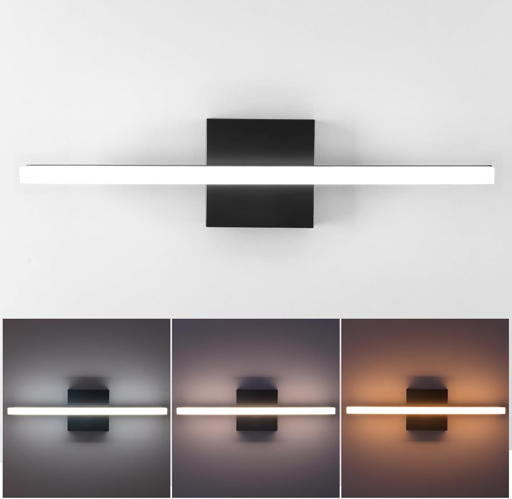 24inch Black Bathroom Vanity Lights Fixtures Over Mirror Modern LED Wall Sconce Vanity Light Bar for Bathroom 3000K/4000K/5000K IP44