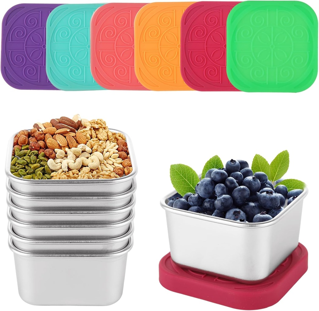6 Pack Stainless Steel Snack Containers - 2.91 x 2.91 x 1.73 Inch Leak-Proof Metal Food Storage Containers - Stackable Snack Containers - Snack Storage Containers for Travel，6 oz