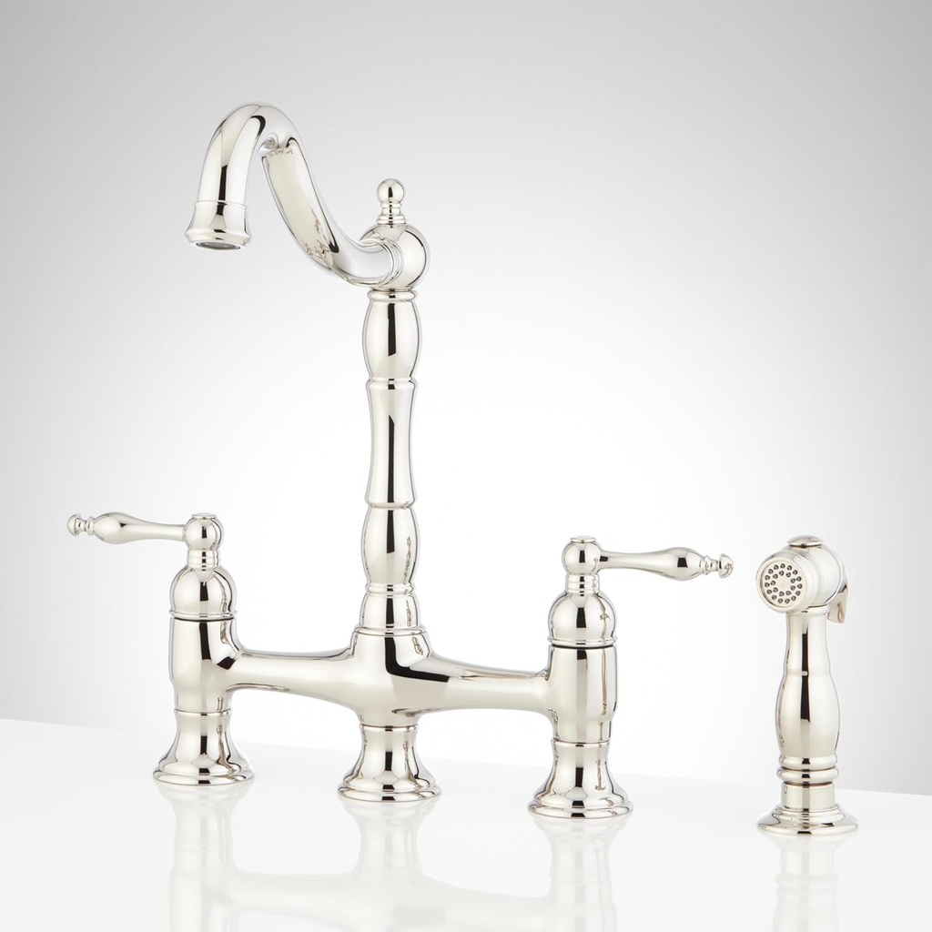 Signature Hardware 954037 Delacour 1.75 GPM Double Handle Bridge Kitchen Faucet with Side Spray - Polished Nickel