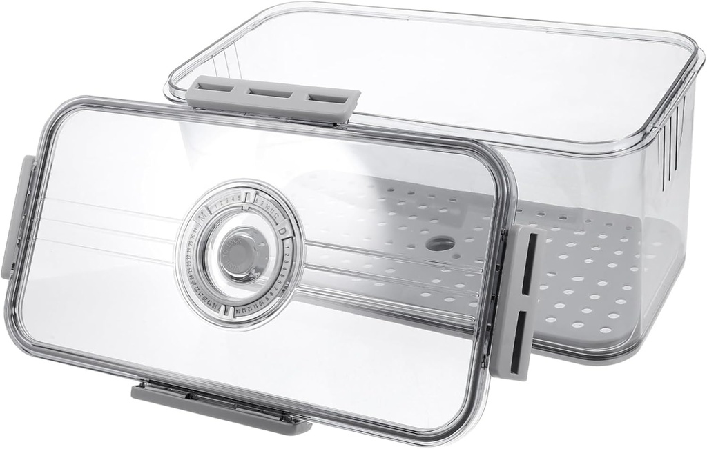 Healifty Airtight Refrigerator Food Storage Container with Timer Lid and Draining Plate Sided Lock Sealed Bread Box for Kitchen Pantry Fruits Vegetables Snacks and Ingredients Freshness