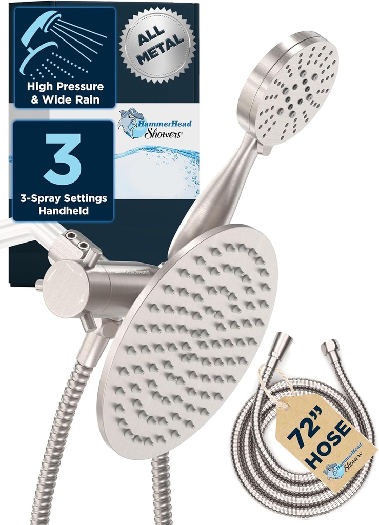 HammerHead Showers Dual Shower Head Combo, 8-Inch Rainfall & 3-Flow Handheld, Brushed Nickel, 2.5 GPM