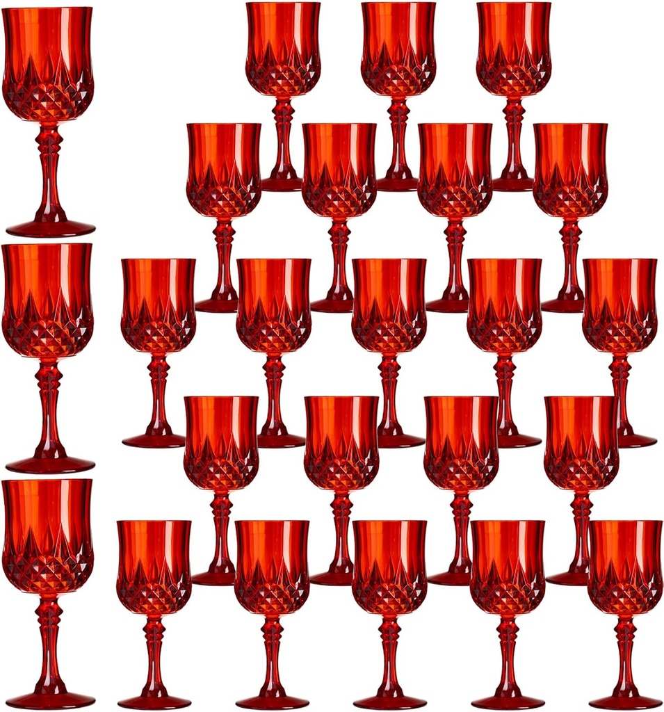 XKXKKE 24 Pcs Red Plastic Wine Glasses, Plastic Water Goblets for Parties, Stemmed Drinking Glasses for Wedding Reception, Grand Event Party Bar Supplies Reusable Drinking Cups
