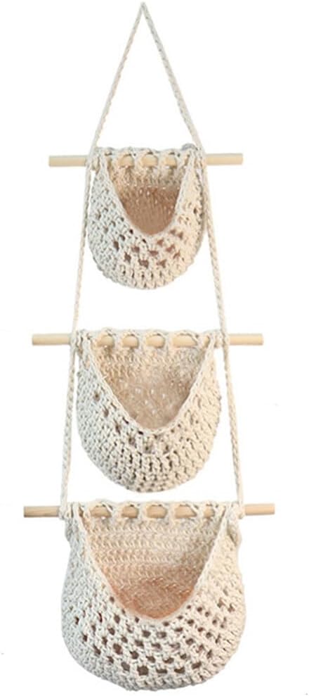 UPKOCH 3-Tier Hanging Fruit and Vegetable Basket Handwoven Cotton Rope Kitchen Organizer Boho Style Storage Solution for Fresh Produce Detachable and Foldable Design