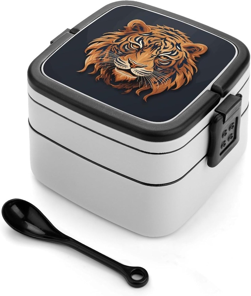 New Year Tiger Logo Design Bento Box Double Layer Lunch Box with Spoon And Handle All in One Stackable Lunchbox Adult Lunch Container for Women Men Work Picnic Camping