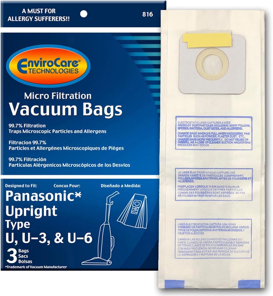 EnviroCare Replacement Micro Filtration Vacuum Cleaner Dust Bags made to fit Panasonic Types 3, U-6 3 pack