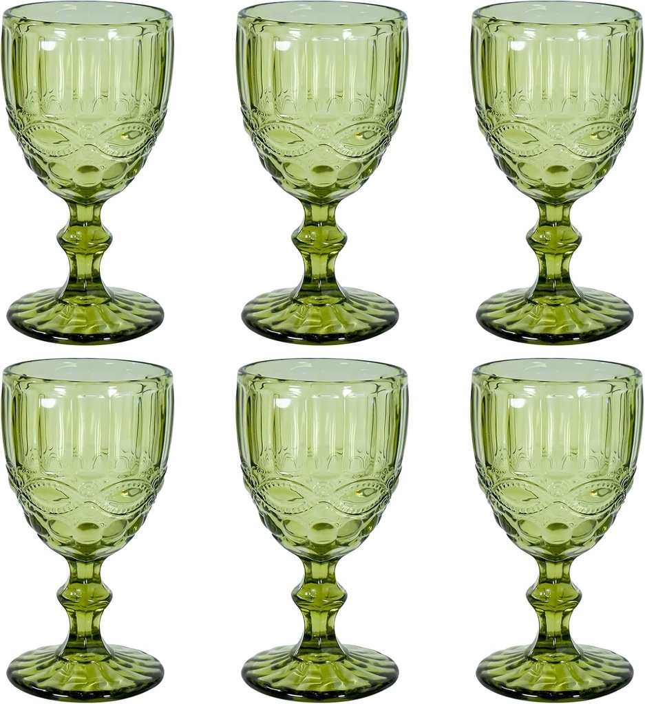 Vintage Wine Glasses Set of 6, 12 OZ Colored Glass Water Goblets, Embossed Floral Decorative Crystal Glass Cups Set, Dishwasher Safe, for Wedding, Party, Red Wine Glass, Bars, Restaurants