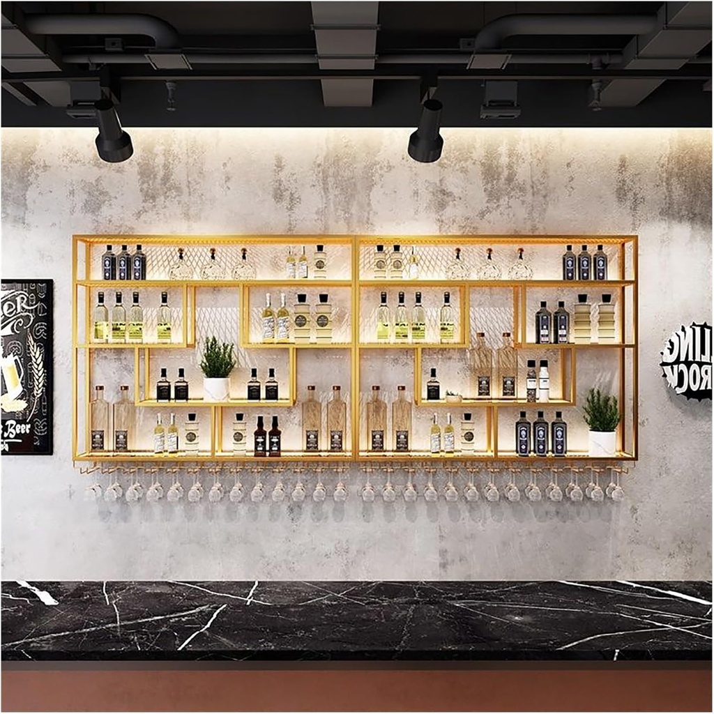 Large Wine Storage Rack Wall Mounted with LED Light,Metal Floating Shelves Featuring Hanging Wine Glass Holder,Liquor Bottle Display Shelf,for Bar,Wine Cellar,Kitchen Decor,Black/G