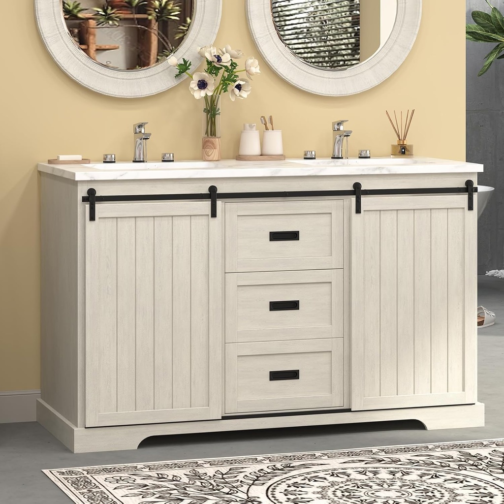 54" Farmhouse Bathroom Vanity with Ceramic Sink, Double Basins + Sliding Barn Doors + 2 Drawers Vanity Combo for Bathroom, (No Assembly Needed) White