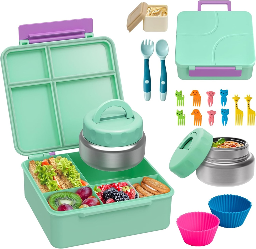 Bento Lunch Box with 9.5 oz Soup Thermo, Kids Leakproof 4 Compartments Bento Box with Silicone Cupcake,Fruit Fork,Spoon and Sauce Cup,Insulated Food Jar for School Travel-Green