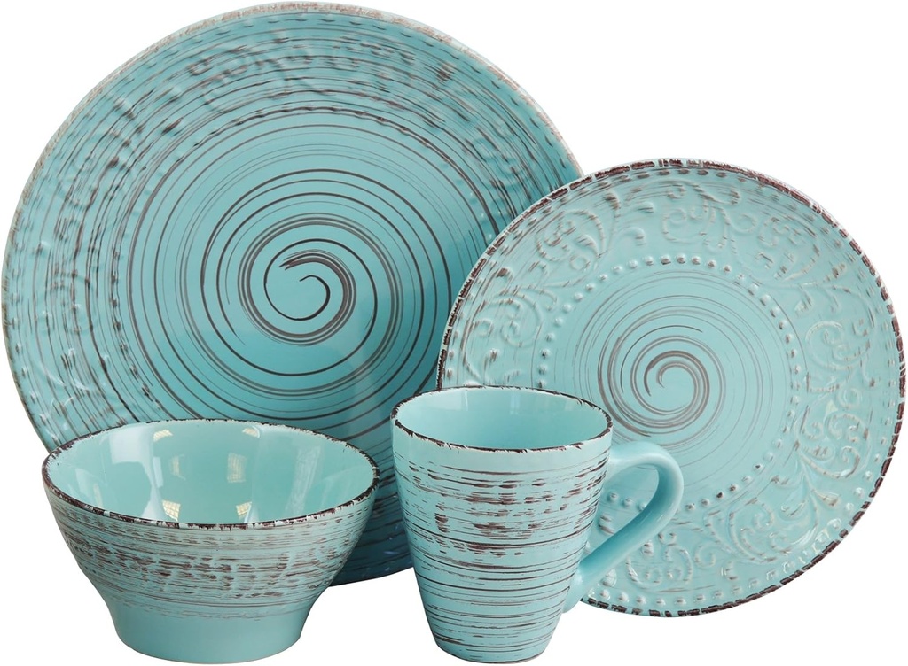 Elama Malibu Waves 16-Piece Stoneware Dinnerware Set Turquoise ELM-MALIBU-WAVES (935102701M)
