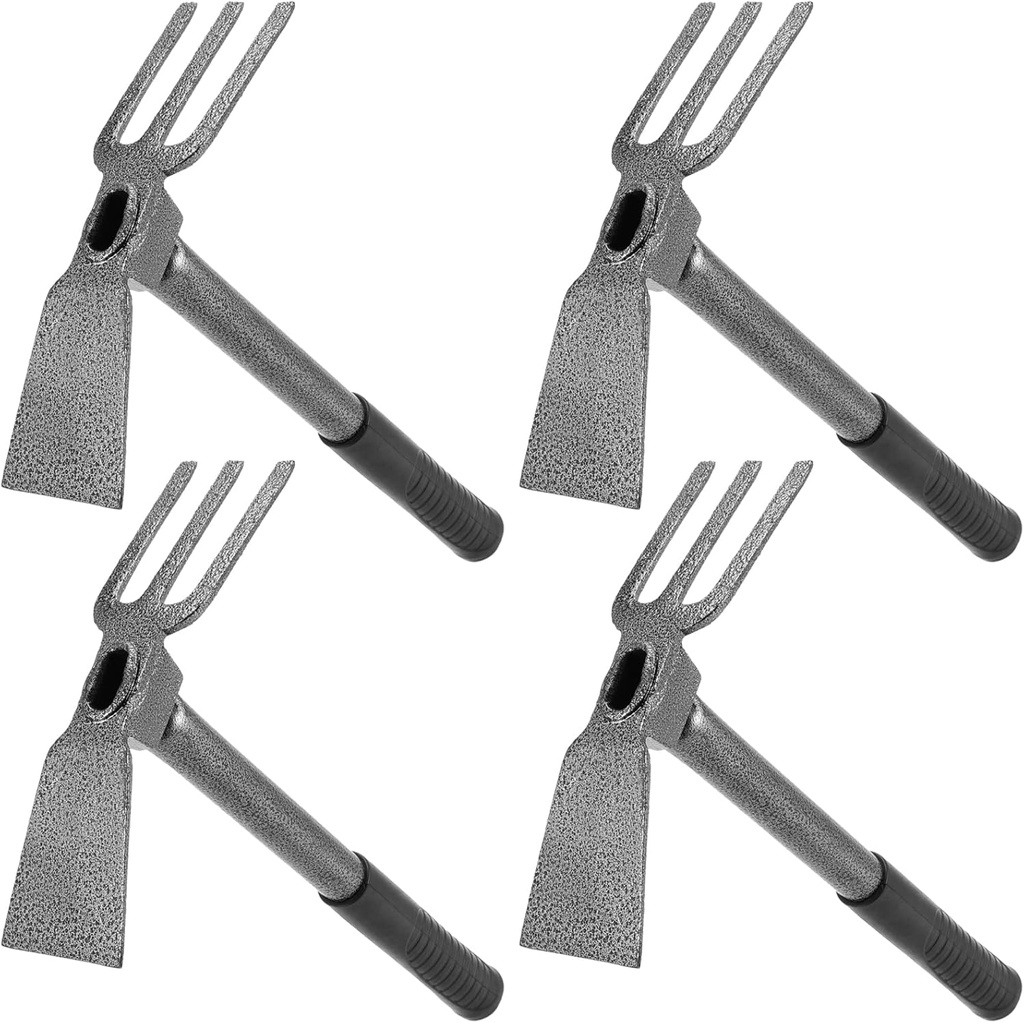 MOUYAT 4 PCS 2 in 1 Double Garden Hoe and Cultivator, 9 x 14 Inch Dual Headed Weeding Tool Heavy Duty Hand Tiller Rust Proof 3 Prong Cultivator with Handle for Weeding and Digging