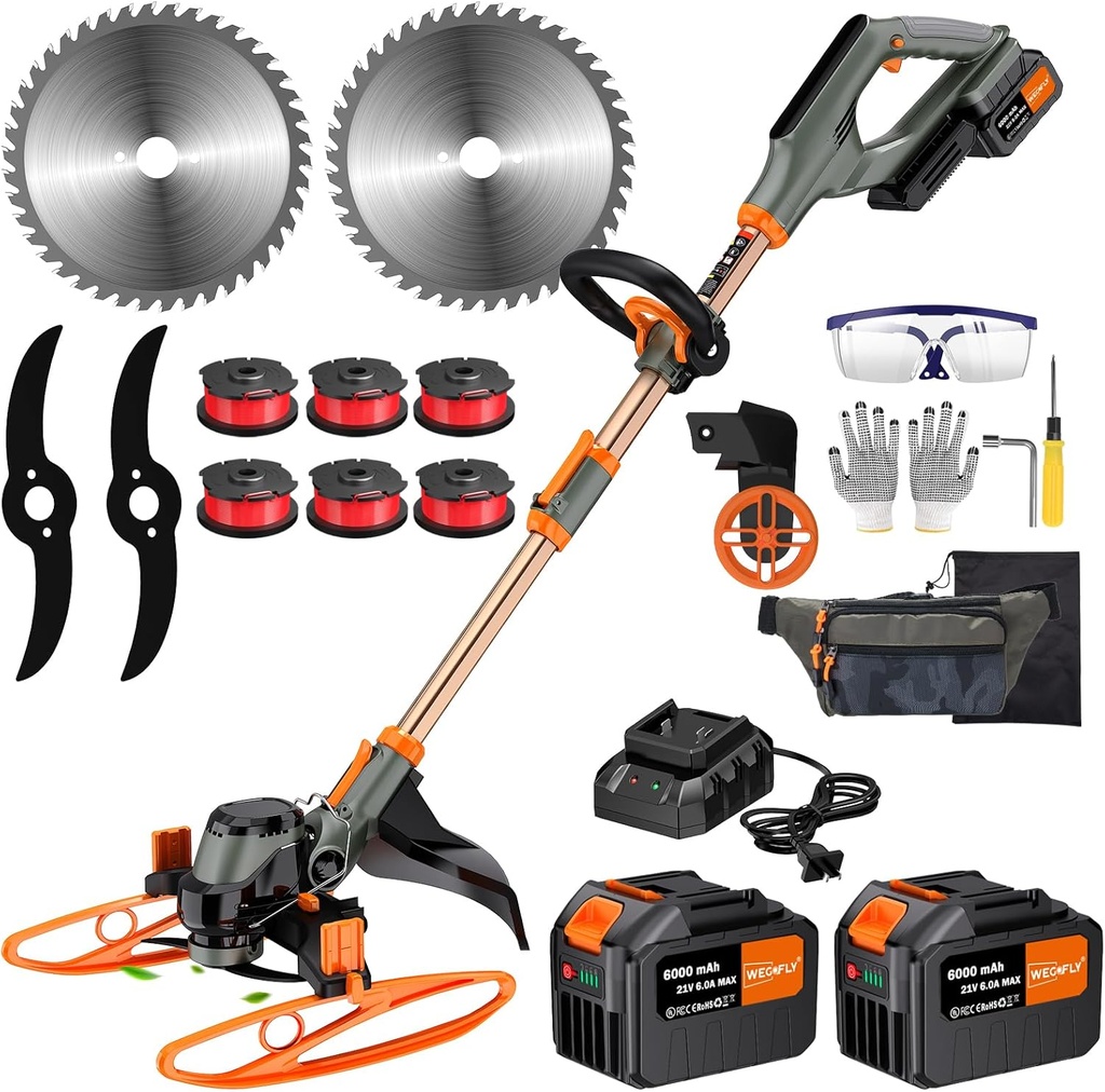 14-Inch String Trimmer Cordless,(2 x 21V 6.0Ah Batteries & Charger), Trimmer/Edger/Lawn Mower/Brush Cutter 4-in-1, Electric Weed Wacker with Auto Rope Spool Feed, 3 Cutting Methods