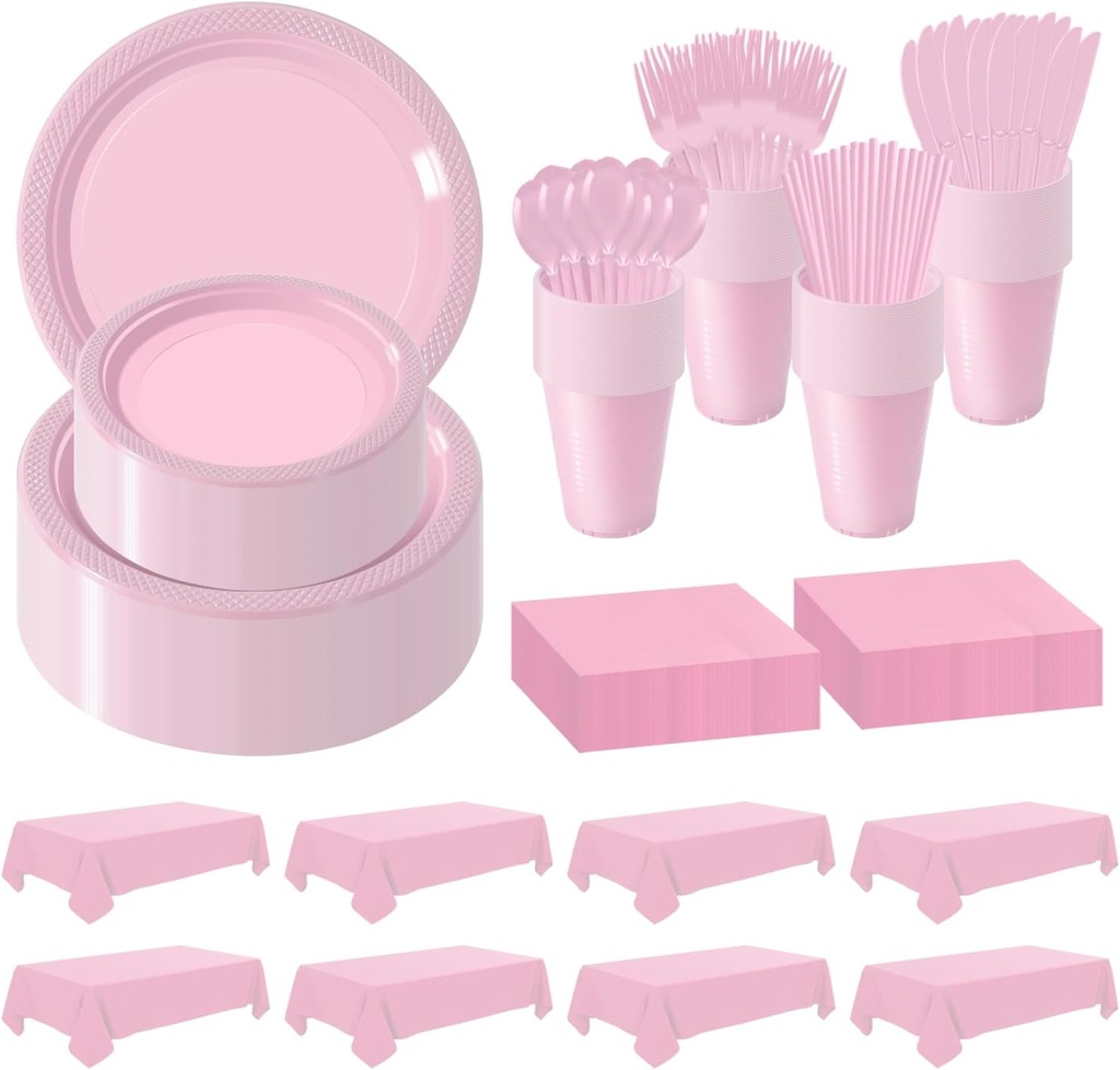 Disposable Plastic Dinnerware Set-968PCS Plastic Plates Set Includes 120 Of Each Dinner ＆ Dessert Plates, Cups, traws, Spoons, Forks & Knives for Party (Pink, 968PCS（120 Guests）)