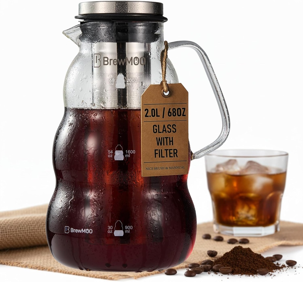 BrewMOO- Cold Brew Coffee Maker (2.0L/68Oz), Sleek Wave Borosilicate Glass Pitcher with Stainless Steel Filter, Airtight Lid + Wide Spout + Comfort Handle, Effortless Manual, Sophisticated Gift
