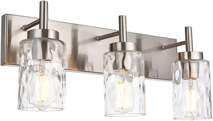 BONLICHT Brushed Nickel Vanity Light Modern 3 Light Bathroom Lighting Fixture Over Mirror with Clear Hammered Glass Shade, Industrial Indoor Farmhouse Wall Mounted Lamp for Powder Room Kitchen Hallway