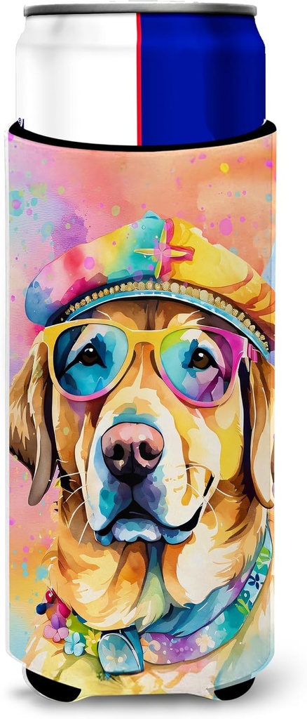 Caroline's Treasures Yellow Labrador Hippie Dawg Hugger for Ultra Slim Cans Can Cooler Sleeve Hugger Machine Washable Drink Sleeve Hugger Collapsible Insulator Beverage Insulated Holder