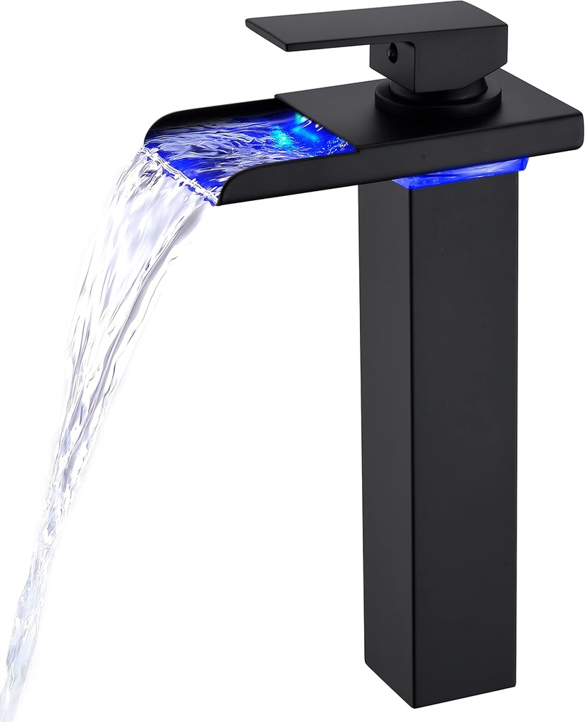LED Bathroom Faucet, Black Waterfall Tall Vessel Bathroom Sink Faucet 1 Hole Single Handle Brass with Water Supply Hoses