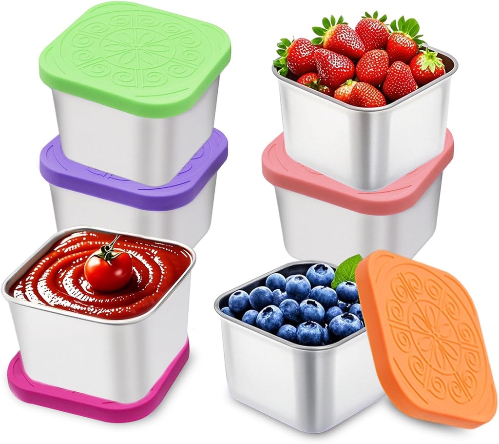 304 Premium Stainless Steel Snack Containers with Silicone Lids, Snackle Box Containers, Easy-Open Leak-Proof Kids for Taking Out for a Picnic, Lunch Box and Travel. (All - 6, 6 OZ)